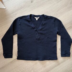 Garnet Hill Waffle Knit Henley Pullover Navy Organic Cotton M